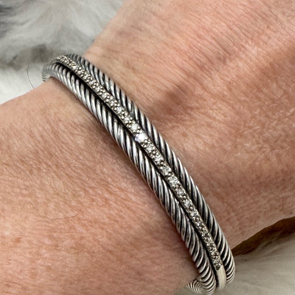 David Yurman .925 14K Gold Double Cable Diamond Cuff Bracelet $2,250 - Picture 8 of 9